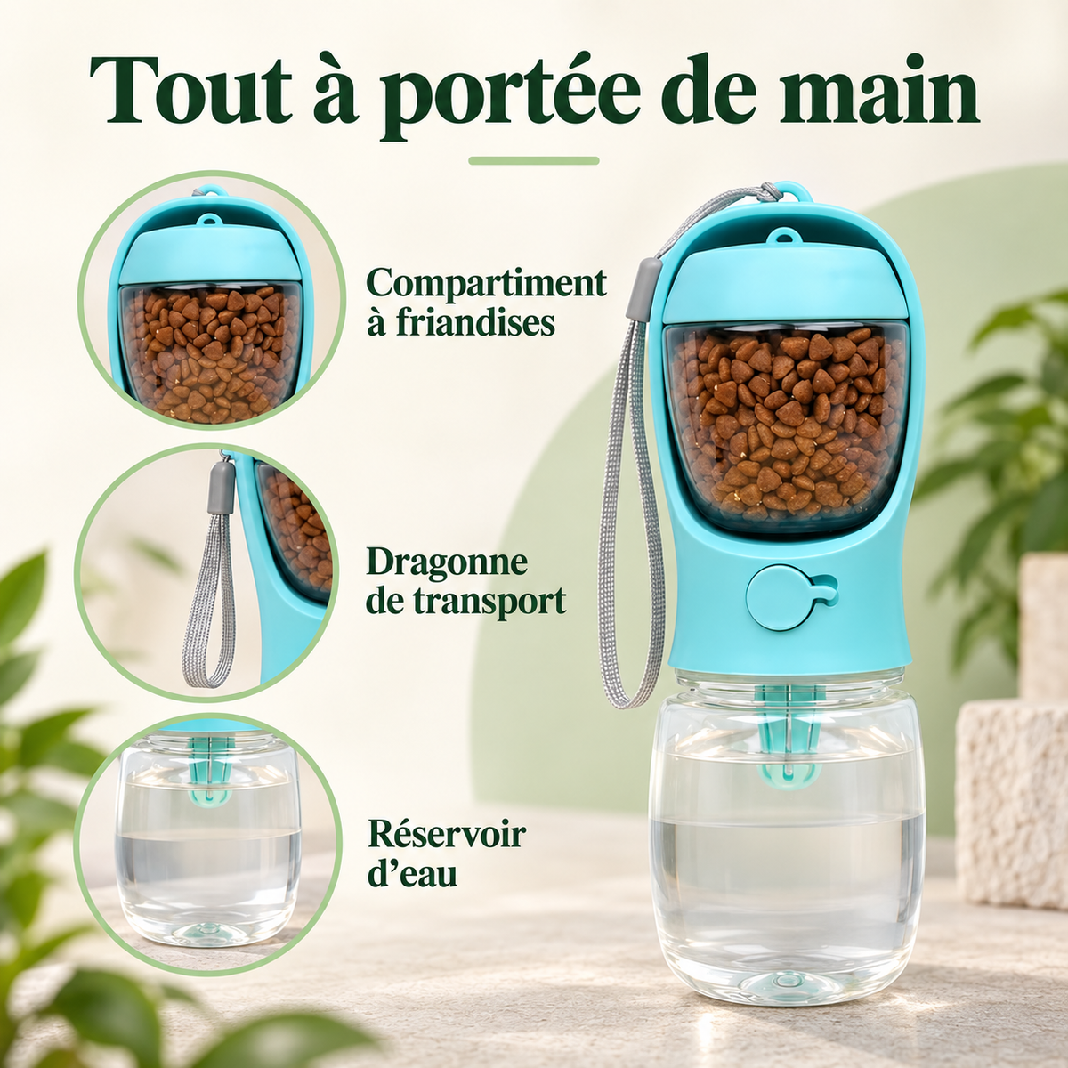 Bouteille d'Eau Portable 3-en-1 pour Chien — Eau + Gamelle + Friandises