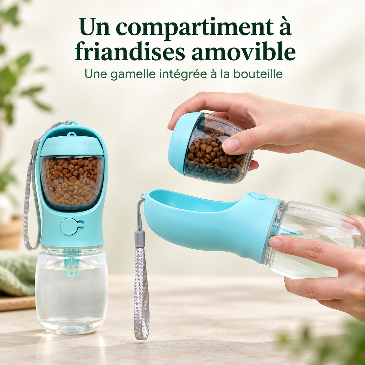 Bouteille d'Eau Portable 3-en-1 pour Chien — Eau + Gamelle + Friandises